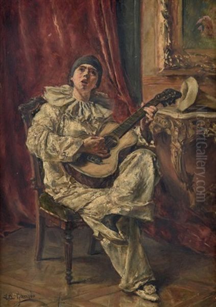 Clown Jouant De La Guitare Oil Painting by Eduardo Leon Garrido