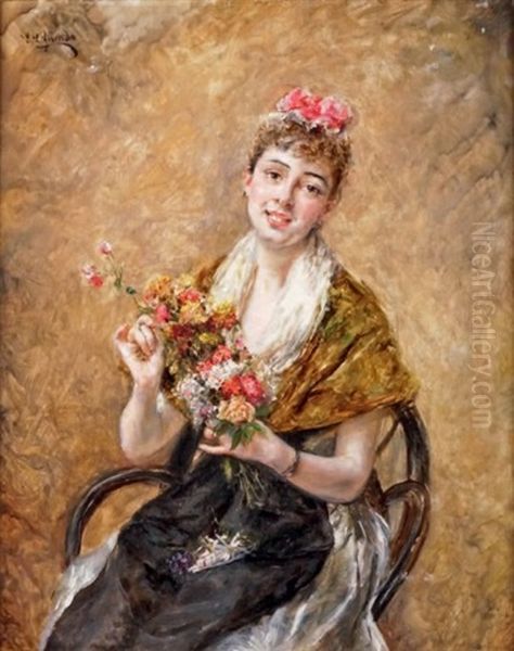 Jeune Femme Au Bouquet De Fleurs Oil Painting by Eduardo Leon Garrido