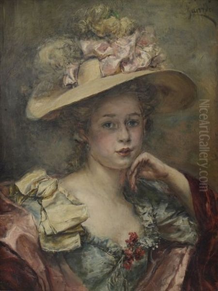 Jeune Femme Au Chapeau Fleuri Oil Painting by Eduardo Leon Garrido