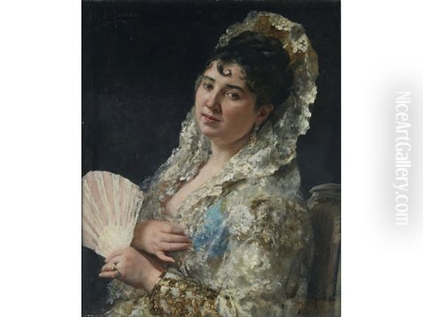 A Portrait Of A Spanish Lady With A Fan Oil Painting by Eduardo Leon Garrido