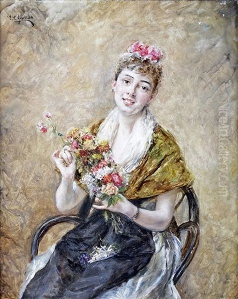 Jeune Femme Au Bouquet De Fleurs Oil Painting by Eduardo Leon Garrido