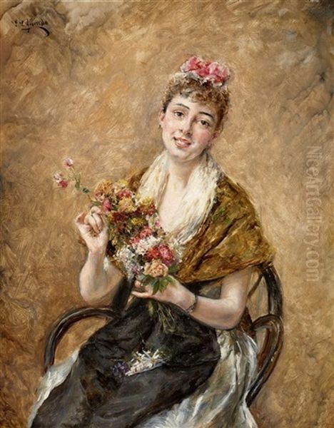 Jeune Femme Au Bouquet De Fleurs Oil Painting by Eduardo Leon Garrido