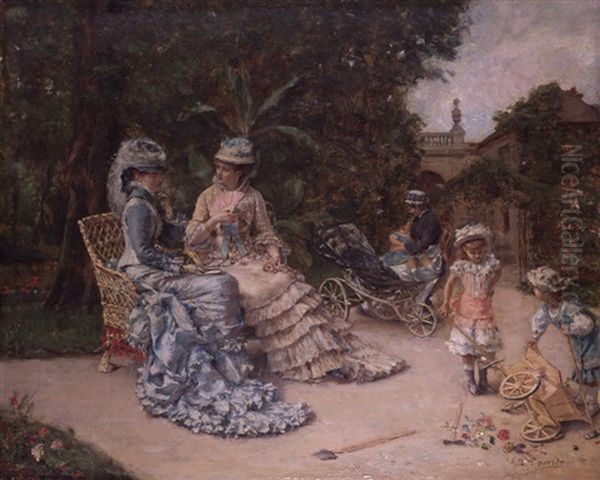 Conversacion En El Jardin Mientras Los Ninos Juegan Oil Painting by Eduardo Leon Garrido