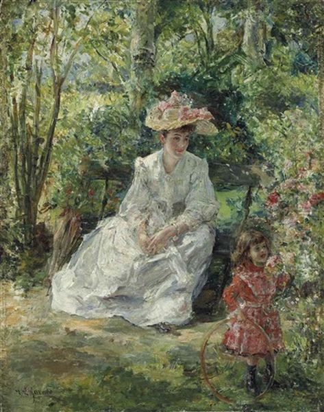 Playing In The Garden Oil Painting by Eduardo Leon Garrido