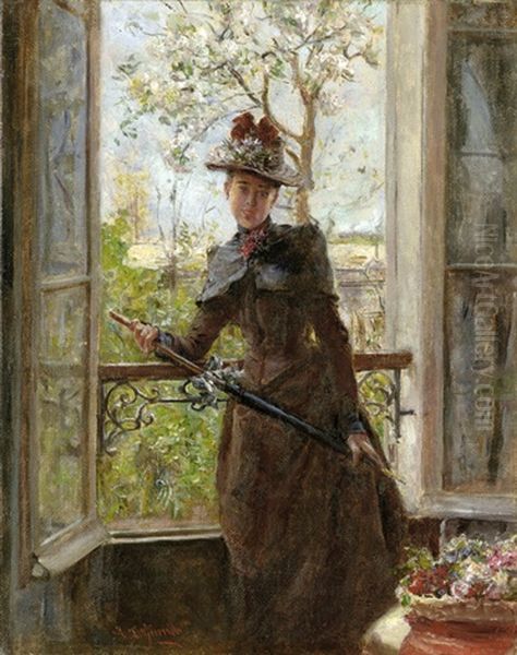 Am Fenster: Junge Frau Mit Parasol Und Blumen Geschmuckten Hut Vor Dem Spaziergang Oil Painting by Eduardo Leon Garrido