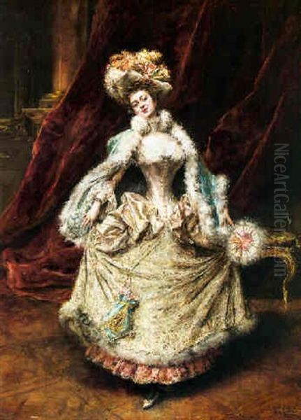 An Elegant Lady Holding A Fan Oil Painting by Eduardo Leon Garrido