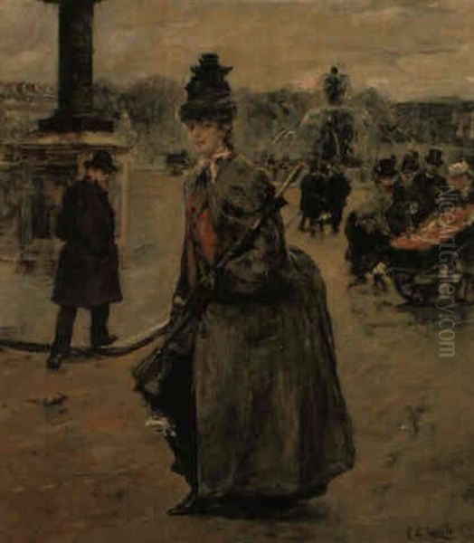 Elegant Woman In The Place De La Concorde Oil Painting by Eduardo Leon Garrido