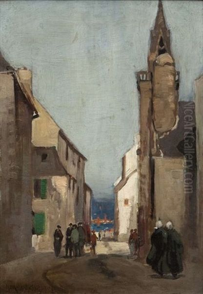 Figures In A Breton Streetscape Oil Painting by Norman Garstin