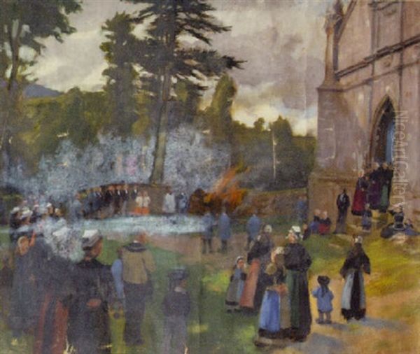 Figures Outside A Church, Brittany Oil Painting by Norman Garstin