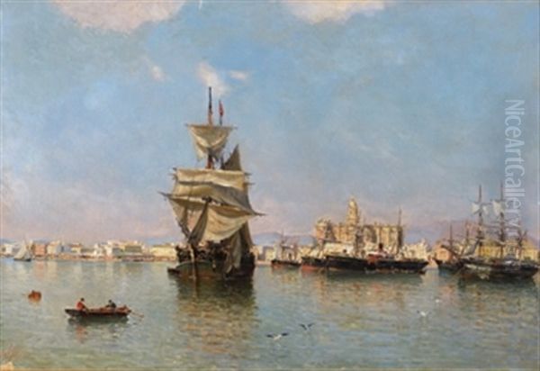 Marina Con Barcos Con Vista De Malaga Al Fondo Oil Painting by Jose Gartner De La Pena