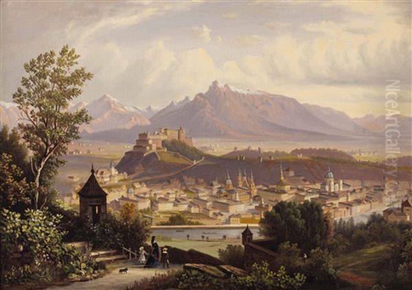 Blick Vom Kapuzinerberg Auf Die Altstadt Salzburgs, Die Festung Und Den Untersberg Oil Painting by Eduard Gaertner