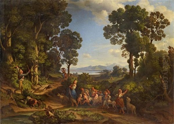 Italian Landscape With Shepherdesses, Children And Goats Oil Painting by Heinrich Gaertner