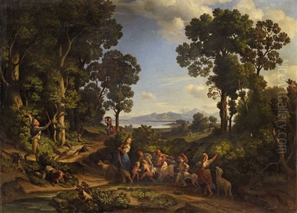 Italian Landscape With Shepherdesses, Children And Goats Oil Painting by Heinrich Gaertner