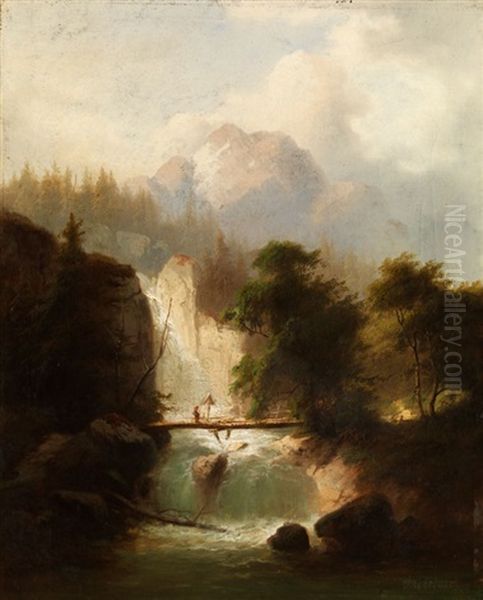 Wasserfall Mit Holzbrucke Im Gebirge Oil Painting by Heinrich Gaertner