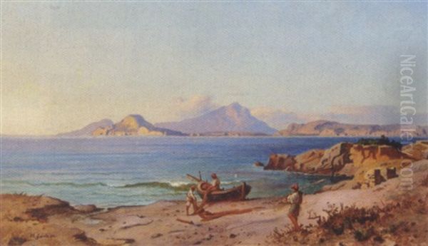 Parti Fra Napolibugten Med Fiskere I Arbejde Pa Stranden by Heinrich Gaertner