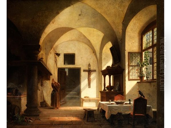 Interieur Einer Klosterkuche Mit Einem Monch, Der Zum Essen Lautet Oil Painting by Karl Gaertner