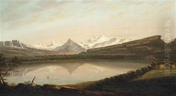 A View Of Lake Geneva With The Mont Saleve And Le Mole, The Mont Blanc Beyond Oil Painting by Edmund Garvey