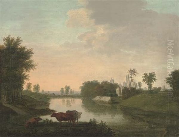 Cattle By A Lake, With Ruins Beyond Oil Painting by Edmund Garvey