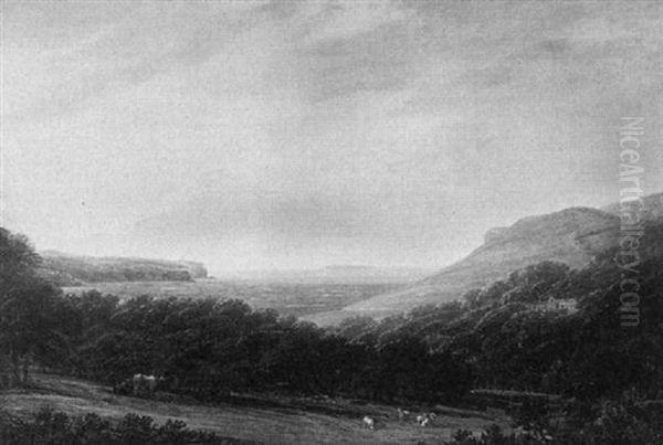 Coastel Landscape With Cattle And Sheep In The Foreground   And A View Of Lundy Island Oil Painting by Edmund Garvey