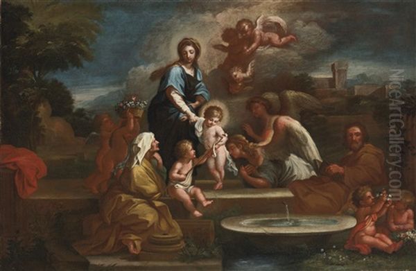 Holy Family With Angels In A Landscape Oil Painting by Luigi Garzi