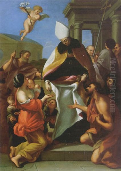 A Bishop Saint Giving Alms To The Poor Oil Painting by Luigi Garzi