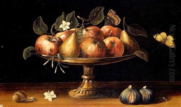 Natura Morta Con Mele E Pere In Una Scodella D'argento, Con Fiche E Una Chiocciola Oil Painting by Giovanna Garzoni