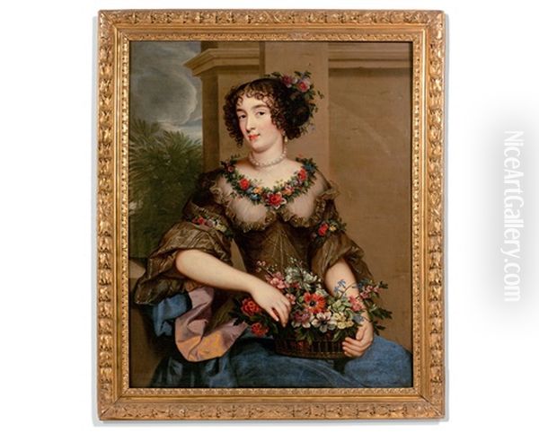 Portrait De Femme Tenant Une Corbeille De Fleurs, Le Corsage Fleuri D