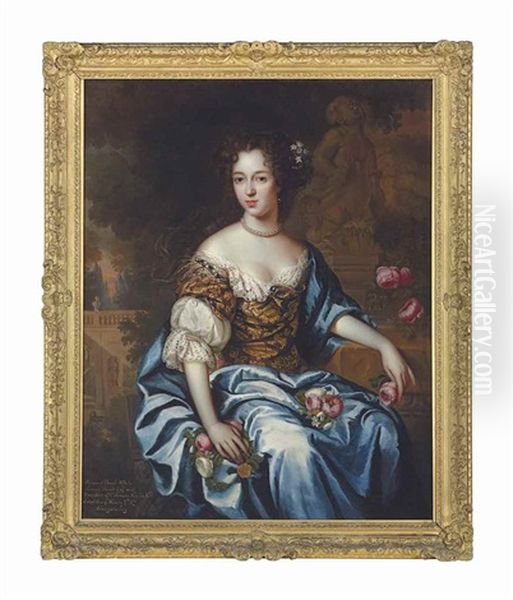 Portrait Of Margaret Brooke (1618-1673), Nee Neville, Three-quarter-length, In A Gold-embroidered Brown Dress With Lace Trim And Blue Cloak, Holding Peonies In An Ornamental Garden Oil Painting by Henri Gascars