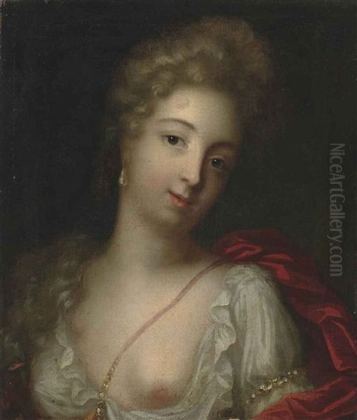 Portrait Of A Lady, Bust-length, In A White Chemise And Red Wrap Oil Painting by Henri Gascars