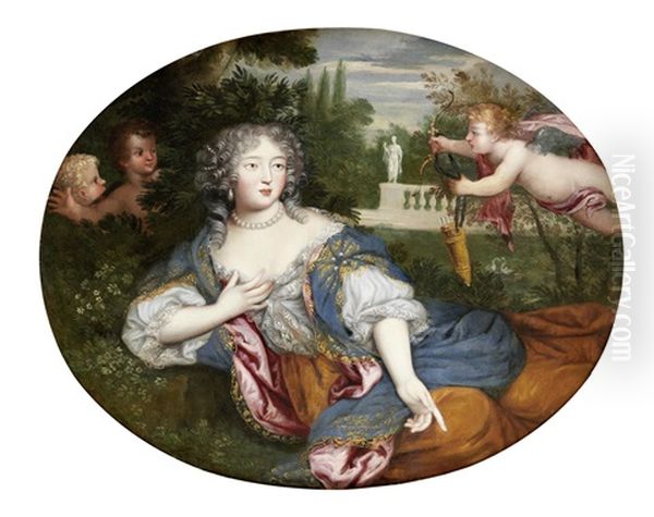 Portrait Of A Young Lady, Three-quarter-length, Traditionally Identified As The Marquise De Montespan, With Two Cupids Oil Painting by Henri Gascars