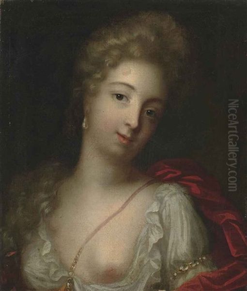 Portrait Of A Lady, Bust-length, In A White Chemise And Red Wrap Oil Painting by Henri Gascars