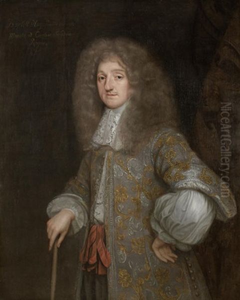 Portrait Of Baptist May In A Silver Embroidered Coat And A White Chemise, Standing Before A Damask Curtain Oil Painting by Henri Gascars