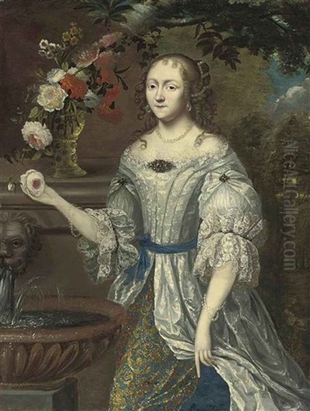 Portrait Of A Lady (madame Ninon De Lenclos (1620-1705)? In A Lace-trimmed Blue And Gray Dress, With Roses, Narcissi And Other Flowers... Oil Painting by Henri Gascars