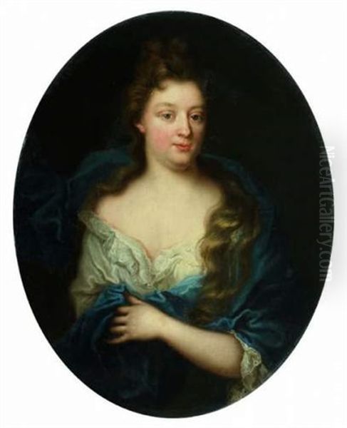 Portrait De Jeune Femme A La Draperie Bleue Oil Painting by Henri Gascars