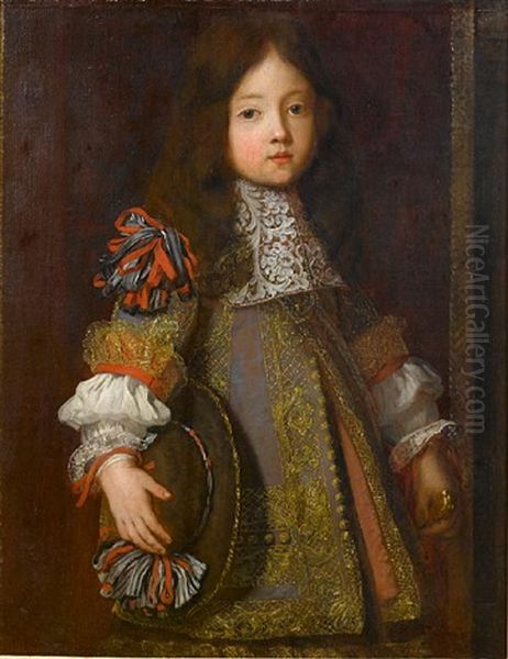 Portrait Of A Young Boy Three-quarter-length, In Grey Embroidered Costume Decorated With Ribbons, A White Lace Jabot And Holding A Black Ribboned Hat Oil Painting by Henri Gascars