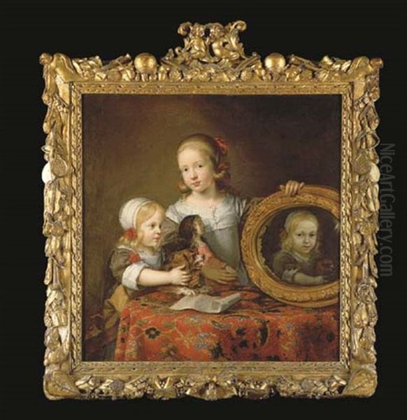 Portrait Of Two Children, Half-length, At A Table With A Dog And A Doll, One Holding A Tondo Mirror Oil Painting by Henri Gascars