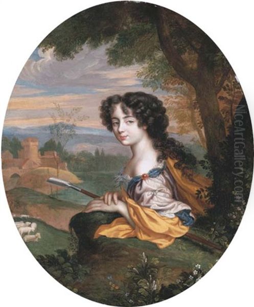 Portrait Of A Lady As A Shepherdess Holding A Hoe, Her Sheep And A Fortified Dwelling Beyond Oil Painting by Henri Gascars