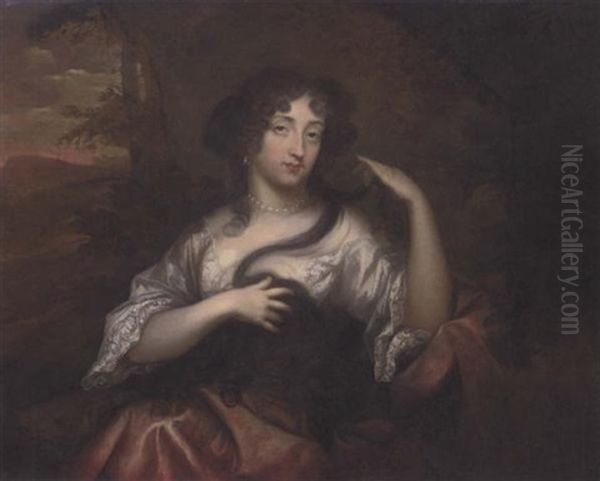 Portrait Of Hortense Mancini, Duchess Of Mazarin, In A White Blouse And Pink Wrap, With A Landscape Beyond Oil Painting by Henri Gascars