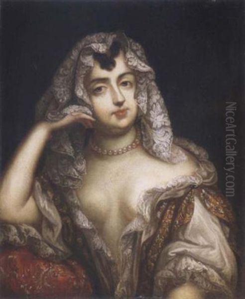 Portrait Of A Lady (barbara Villiers, Countess Of Castelmaine?) Wearing A Lace Dress And Veil Oil Painting by Henri Gascars