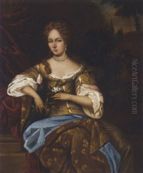 Portrait Of A Lady In A Gold Dress And Brown And Blue Wrap, In A Garden Oil Painting by Henri Gascars