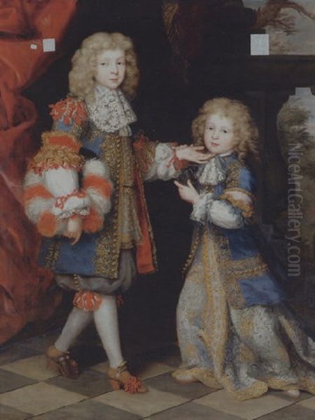 Portrait Of Two Brothers In Gold-embroidered Blue Frock Coats With Lace Collars, A Landscape Beyond Oil Painting by Henri Gascars