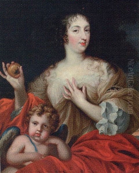 Portrait Of A Lady, In A Pale Pink Dress With A Beige Wrap Holding A Apple, Cupid At Her Side by Henri Gascars