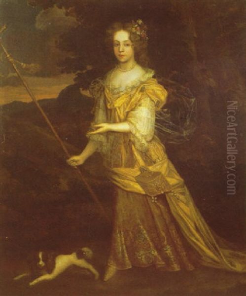 Portrait Of Elizabeth, Baroness Pwyll, As The Huntress Diana, Walking In A Mountainous Landscape With A Spaniel At Her Side Oil Painting by Henri Gascars