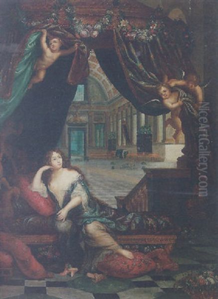 Portrait Of Francoise Athenais De Rochechouart, Marquise De Montespan, Reclining In The Gallery Of Her Chateau De Clagny Oil Painting by Henri Gascars