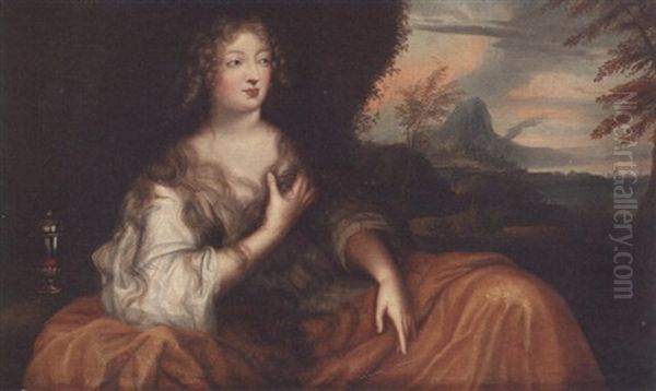 Portrait Of A Lady, Three Quarter Length, As Saint Mary Magdalen, A Landscape Beyond Oil Painting by Henri Gascars