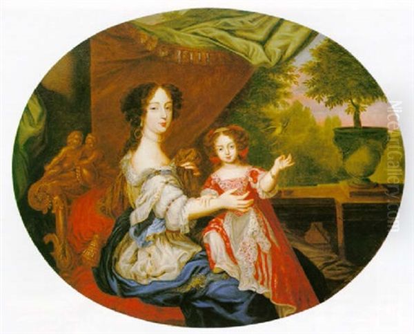 Portrait Of Barbara; Countess Of Castlemaine And Duchess Of Cleveland And Her Daughter Lady Charlotte Fitzroy... Oil Painting by Henri Gascars