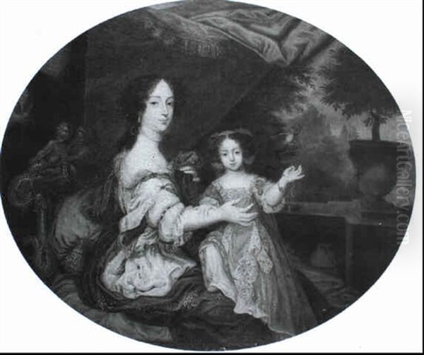 A Portrait Of An Elegant Lady, Believed To Be Barbara,      Duchess Of Cleveland, With Her Daughter,...lady...fitzroy... Oil Painting by Henri Gascars