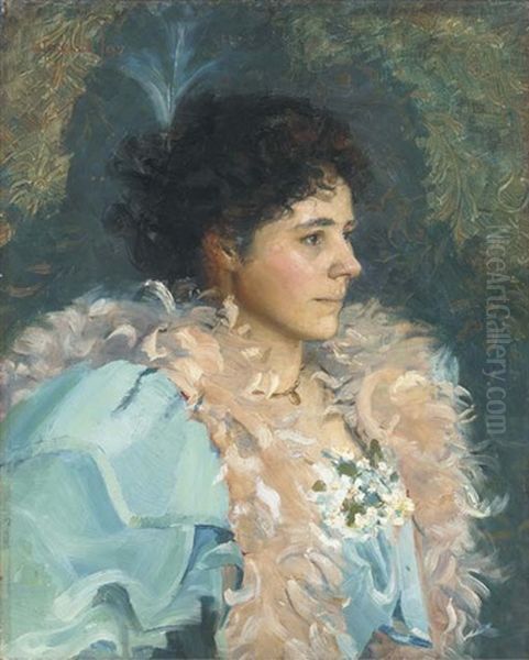 Portrait Of A Lady, Bust-length, In A Blue Dress And Feather Boa Oil Painting by Walter Bonner Gash