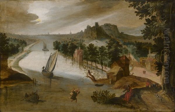 Weite Flusslandschaft Mit Christus Und Dem Wundersamen Fischzug Petri by Lucas Gassel