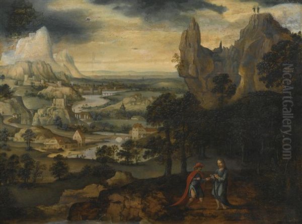 A Mountainous Landscape With The Temptation Of Christ Oil Painting by Lucas Gassel